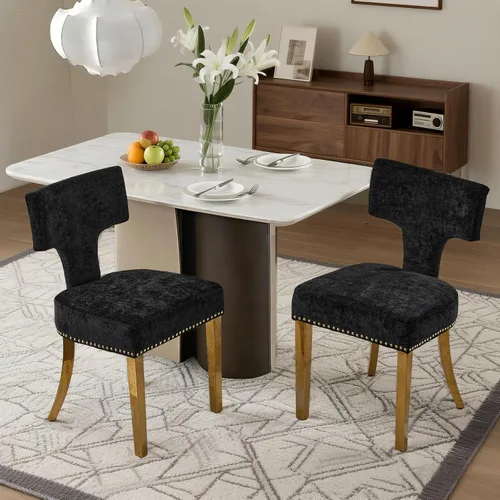 Miniatura 14 de SoarFlash Juego de 2 sillas de comedor modernas de madera, silla tapizada de tela de lino de granja, respaldo curvado con clavos de cobre alrededor