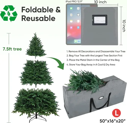 Miniatura 3 de BALEINE Bolsa de almacenamiento para árbol de Navidad de 7.5 pies, bolsa para árbol de Navidad artificial extragrande resistente con asas reforzadas