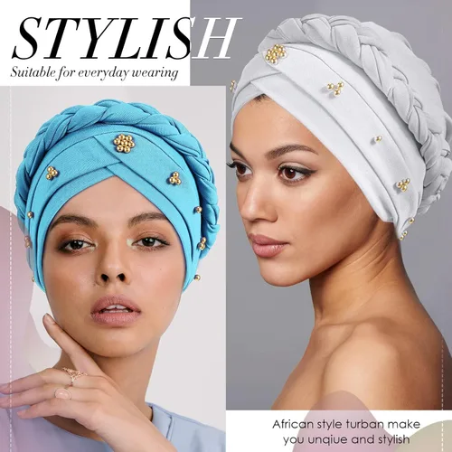 Miniatura 6 de 6 piezas de turbante africano para mujer, gorras trenzadas con cuentas elásticas