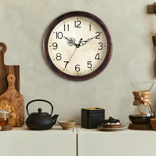 Miniatura 5 de KECYET Reloj de pared de 12 pulgadas, relojes de pared vintage operados con pilas, de cuarzo, silenciosos, sin tictac, estilo retro rústico, A_bronce
