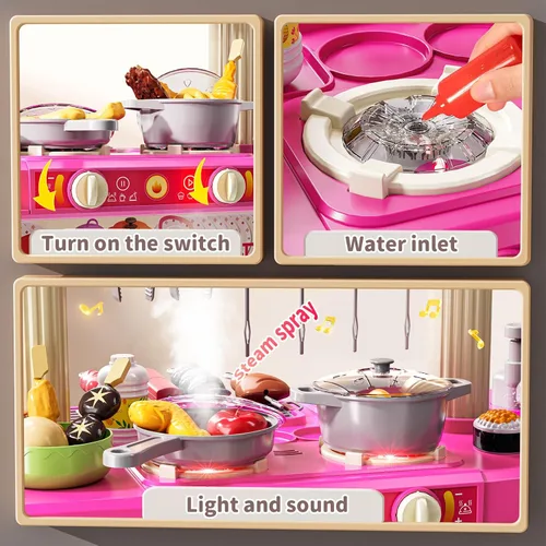 Miniatura 4 de Juego de cocina para niños, juego de cocina 2 en 1 con sonido y luz, fregadero de paly con 60 piezas de juguete de comida y accesorios de cocina