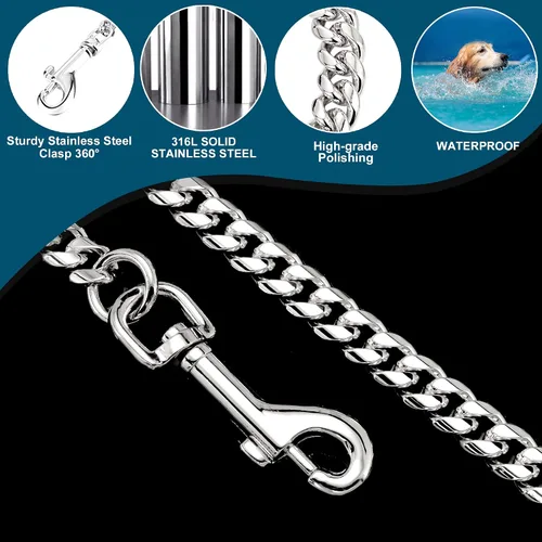 Miniatura 4 de Correa de cadena de plata para perro, acero inoxidable de oro de 18 quilates, correa de perro con mango de cuero para perros (3 pies/plateado)
