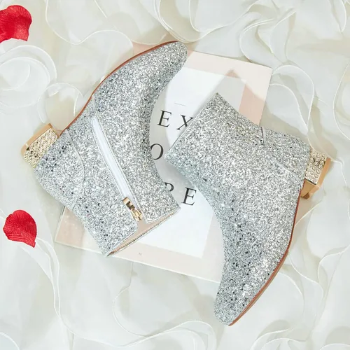 Miniatura 5 de Botines de lentejuelas para mujer, botines de tacón bajo con purpurina brillante
