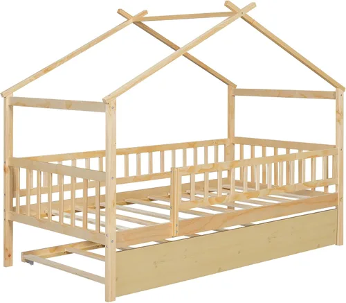 Miniatura 7 de Harper & Bright Designs Cama de madera con nido, marco de cama Platforn para niños de tamaño individual con rieles de valla y techo para niñas