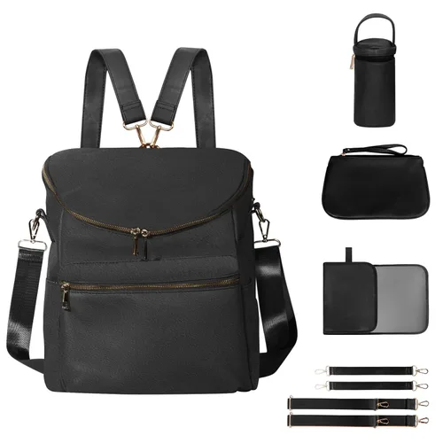 Mochila para pañales, mochilas de cuero de moda para mamá, bolsas de pañales para bebés pequeños con organizador en bolsa y cambiador, Negro, M,