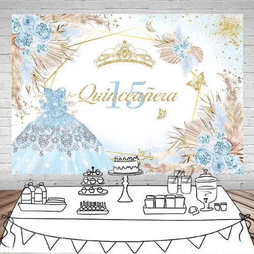 Miniatura 2 de Mocsicka Quinceanera - Telón de fondo de cumpleaños número 15, para mujeres y niñas, bohemio, elegante, flores rosadas, fondo de vinilo bohemio, Azul