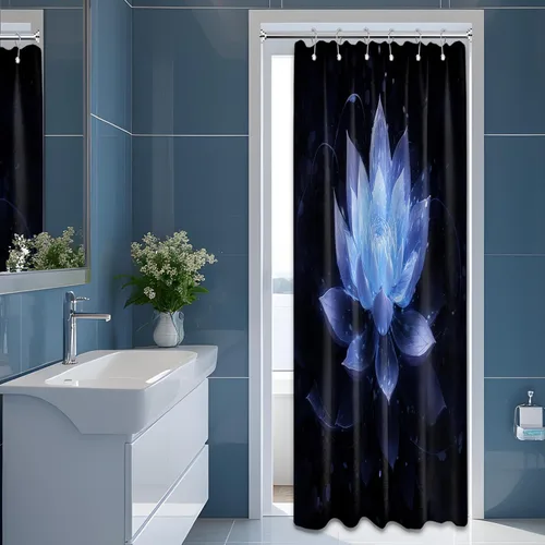 Cortina de ducha con flores de loto negro y azul para decoración de baño, juego de cortinas decorativas de baño con estampado floral, tela