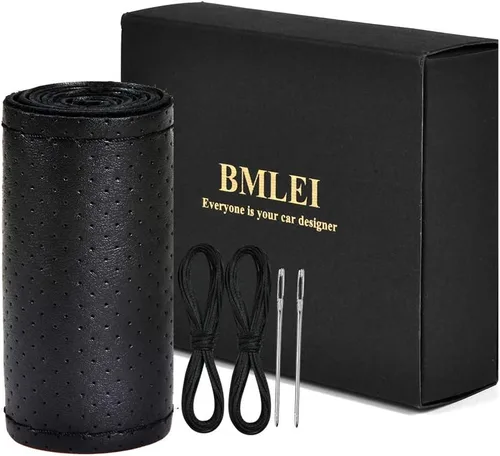 BMLEI Funda de volante de cuero genuino superior con diseño antideslizante, acolchado suave, universal de 15 pulgadas para automóvil, con costura