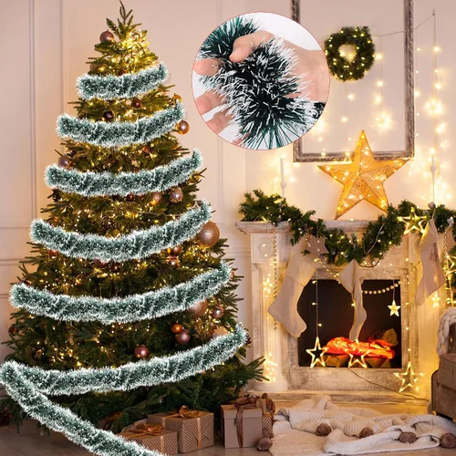 Miniatura 3 de Guirnalda de oropel verde de 50 pies para árbol de Navidad, decoraciones brillantes metálicas colgantes para decoración de árbol de Navidad