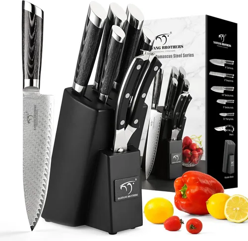 Miniatura 10 de NANFANG BROTHERS Juego de cuchillos de Damasco, 10 piezas para cocina con bloque, juego de cuchillos de cocina con bloque, mango ergonómico ABS