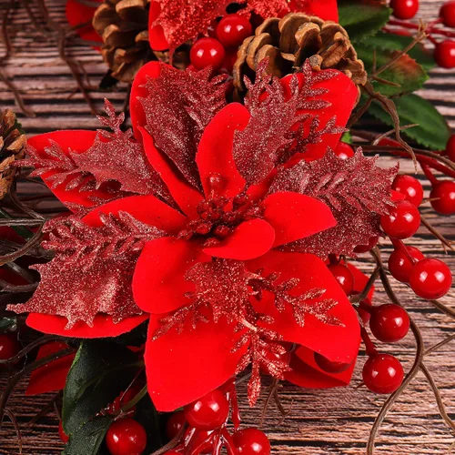Miniatura 8 de RECUTMS 66 piezas 3 estilos de adornos rojos de Navidad, flores de Pascua brillantes de Poinsettia artificiales, adornos de árbol de Navidad, flores