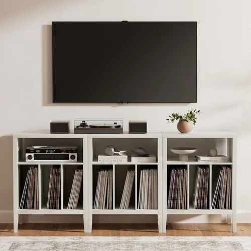 Miniatura 8 de Moderno soporte para tocadiscos, armario de almacenamiento de discos de vinilo con estante abierto, reproductor de discos de madera, organizador