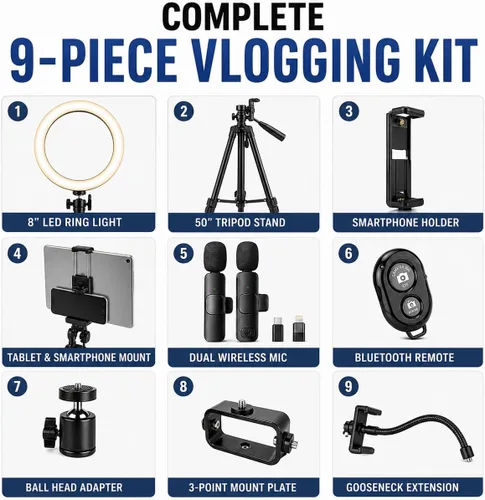 Miniatura 2 de Acuvar Kit de vlogging con trípode de luz de anillo – Kit de creación de contenido para iPhone, Android y tabletas, micrófono, control remoto