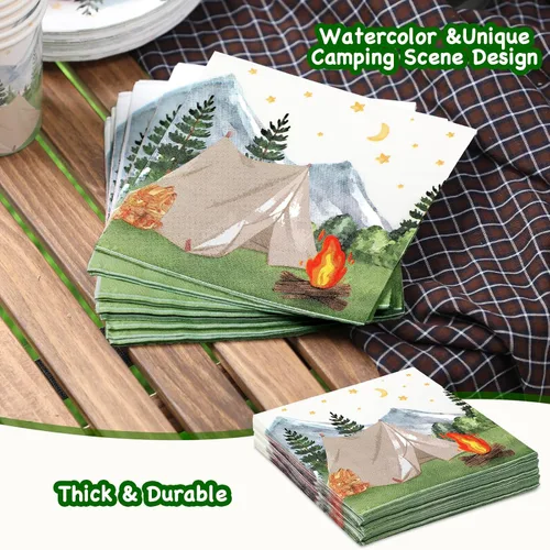 Miniatura 3 de Nefelibata Servilletas de papel para campamento con decoración de cumpleaños, servilletas de papel con acuarela, tienda de campaña de acuarela