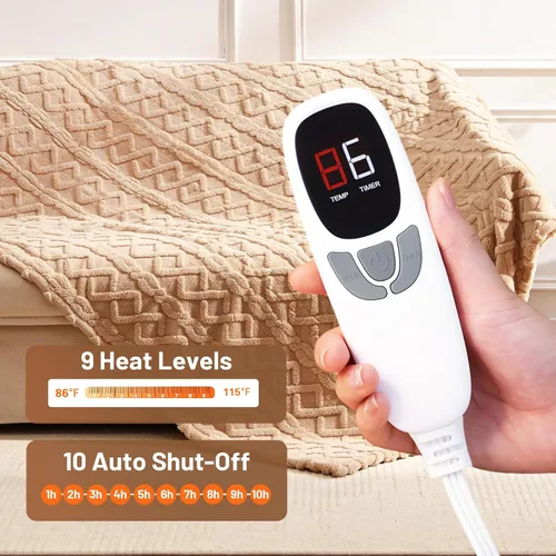 Miniatura 6 de Manta térmica eléctrica tamaño Queen – Manta eléctrica de 84 x 90 pulgadas con doble control, 9 niveles de calor y temporizador de 1 a 10 horas