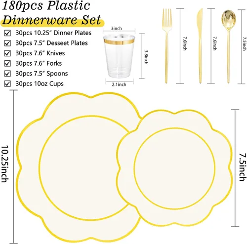 Miniatura 9 de ejonirinjonir EI - 180 platos de plástico beige con cubiertos de plástico dorado, platos desechables de alta resistencia para fiestas, juego