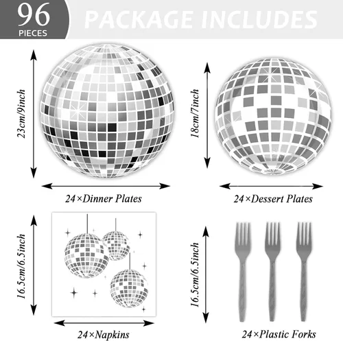 Miniatura 3 de 96 piezas de platos para fiesta de disco, decoración temática de bola de disco, platos de papel plateado para pastel y servilletas, juego de vajilla