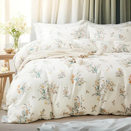 Miniatura 11 de Juego de edredón floral verde, tamaño King, edredón 100% algodón, 3 piezas, suave, ligero, reversible, retro, floral, para todas las estaciones