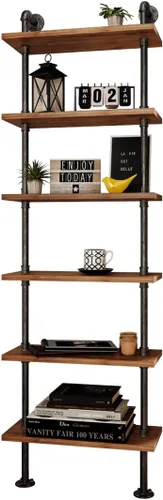 Miniatura 3 de Estantería industrial de tubería rústica con escalera de pared, estante de almacenamiento para sala de estar, cocina, oficina (6 niveles)