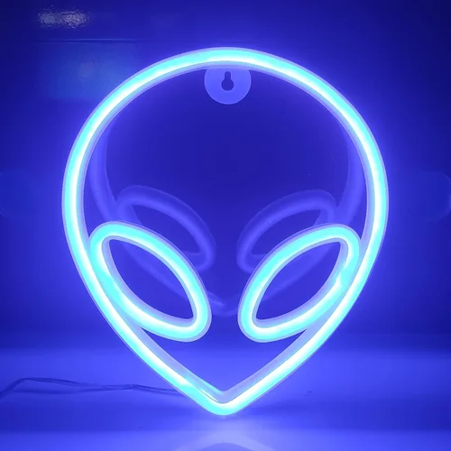 JYWJ Luz de neón alienígena, USB o 3 pilas AA, decoración de pared de escritorio LED, varias fiestas, decoración de locales comerciales (azul)