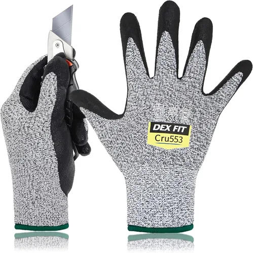 DEX FIT Guantes resistentes a cortes nivel 5 Cru553, ajuste cómodo 3D, agarre firme, delgados, ligeros, compatibles con pantalla táctil, duraderos y