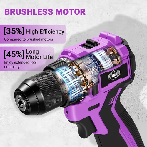 Miniatura 3 de Juego de taladro inalámbrico sin escobillas morado, kit de controlador compacto de 12 V con motor eléctrico, ajuste de par, 50 N.m, 2 velocidades