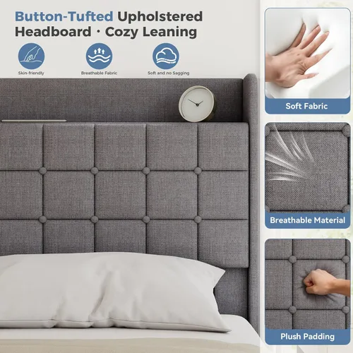 Miniatura 5 de DUMOS Base de cama tapizada de tamaño matrimonial, cama matrimonial con cajones de almacenamiento y cabecera de tela, soporte de listones de madera