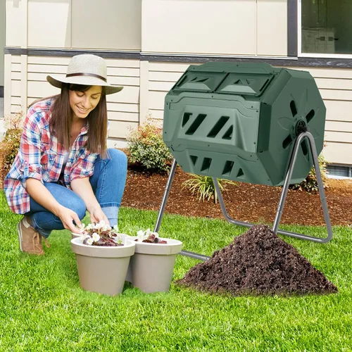 Miniatura 9 de Goplus Contenedor de compostaje de doble cámara para exteriores de 42 galones con 2 puertas corredizas, marco de metal resistente, compostador