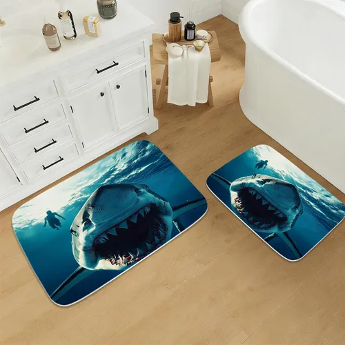 Miniatura 3 de Divertidas alfombras de baño de terciopelo coral con mandíbulas náuticas subacuáticas con diseño de tiburón y playa, antideslizantes, juego de Azul