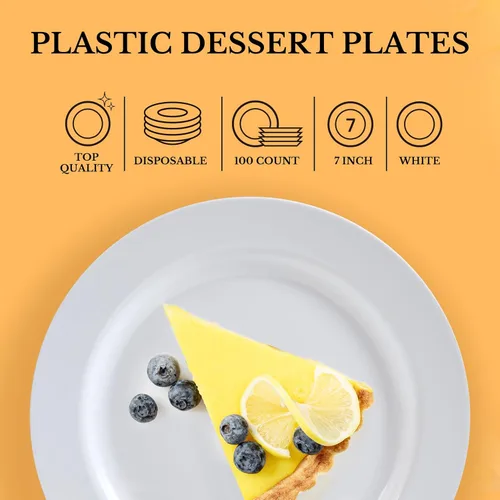 Miniatura 4 de FOCUSLINE 100 platos blancos de plástico desechables para postre de 7 pulgadas, platos de plástico resistentes desechables para bodas, fiestas