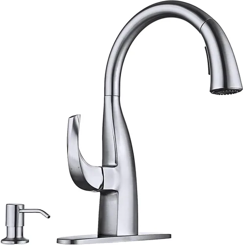 Miniatura 8 de WOWOW Grifos de cocina con dispensador de jabón, cuello de cisne de una sola manija, grifos de fregadero de cocina negros con rociador, arco alto
