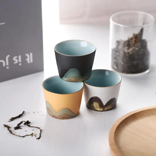 Miniatura 5 de Juego de 3 tazas de té de cerámica, tazas de té japonesas pequeñas, taza de sake de porcelana, juego de té Kung Fu estilo retro (estilo 2#)