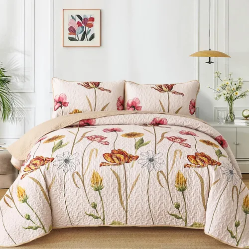 Miniatura 12 de WONGS BEDDING - Juego de edredón floral tamaño Queen, edredón botánico verde y amarillo con 2 fundas de almohada, juego de ropa de cama ligera