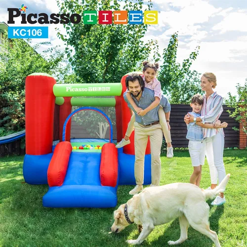 Miniatura 3 de PicassoTiles KC106 Castillo inflable junior de 8x7 pies, parque infantil, casa de rebote y tobogán inflable, casa de juego con tobogán con 50 bolas