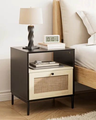 Mesita de noche de ratán, mesa auxiliar grande y moderna de madera estilo bohemio con cajón de almacenamiento y estante abierto, mesa auxiliar Negro