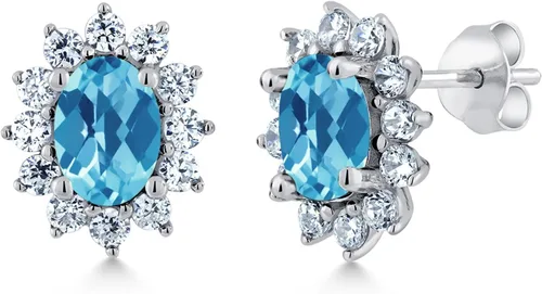 Miniatura 225 de Gem Stone King Aretes ovalados de plata de ley 925 de 0.276 x 0.197 in con piedra natal de la princesa Diana, estilo halo real para mujeres