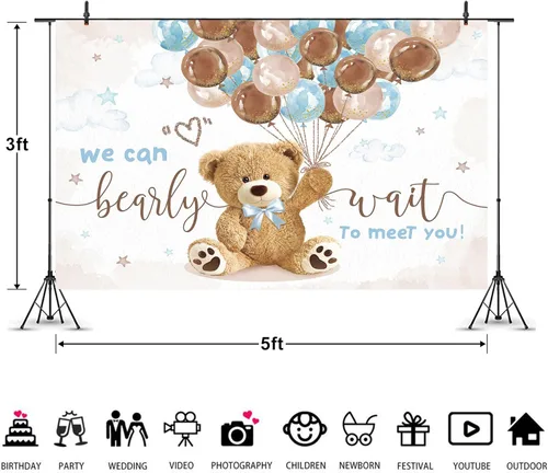 Miniatura 3 de Telón de fondo de oso para baby shower, de 5 pulgadas de ancho x 3 de alto, con texto en inglés «We Can Bearly Wait Brown Blue Balloons» de dibujos