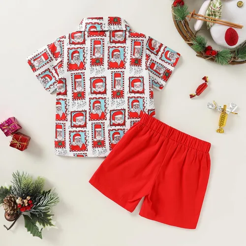 Miniatura 3 de JEELLIGULAR Conjunto de pantalones cortos y camisa con botones y estampado de Papá Noel para niños pequeños