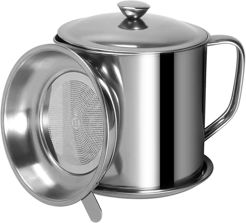 Tellshun Recipiente de grasa de tocino con colador de 1.25 L / 42 oz fuerte atrapador de cocina de acero inoxidable de grado alimenticio con tapa y