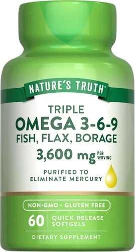 Nature's Truth Triple Omega 3-6-9 cápsulas blandas | 3600 mg | 60 unidades | Aceites de pescado, lino, borraja | Suplemento sin OMG y sin gluten