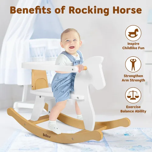 Miniatura 4 de Belleur Caballo mecedor para niños de 1 a 3 años, juguete mecedor de madera para niños pequeños con valla extraíble para actividades en interiores