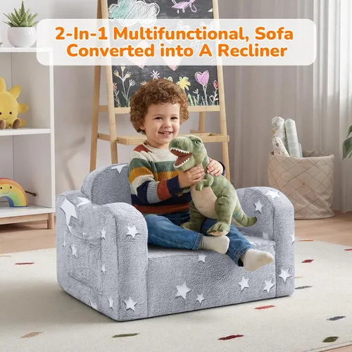 Miniatura 5 de MeMoreCool Silla de sofá para niños Glow Star – Tumbona plegable 2 en 1, color gris, sofá convertible para sala de juegos o guardería, asiento