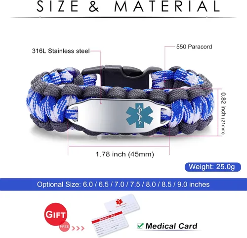 Miniatura 55 de Pulsera de alerta médica Paracord para hombres y mujeres Pulsera de identificación médica de acero inoxidable con hebillas de liberación lateral