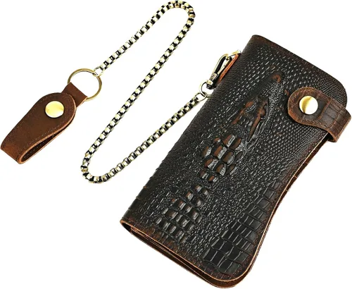 Genuino caballo loco cuero viaje regalo moneda bolsillo tarjeta caso largo organizador cadena Rfid monedero con broche para hombres hombres 1088,