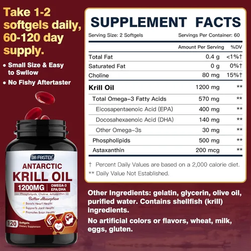 Miniatura 7 de Aceite de krill de 1200 mg, suplemento omega 3 de aceite de krill antártico con EPA, DHA, astaxantina y fosfolípidos para la salud del corazón