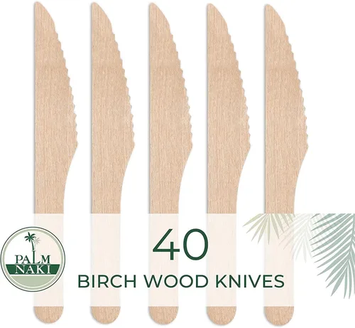 Miniatura 4 de PALM NAKI Birchwood Cutlery - 40 unidades - Vajilla desechable, ecológica, cubiertos compostables y biodegradables (cuchillos, paquete de 40)