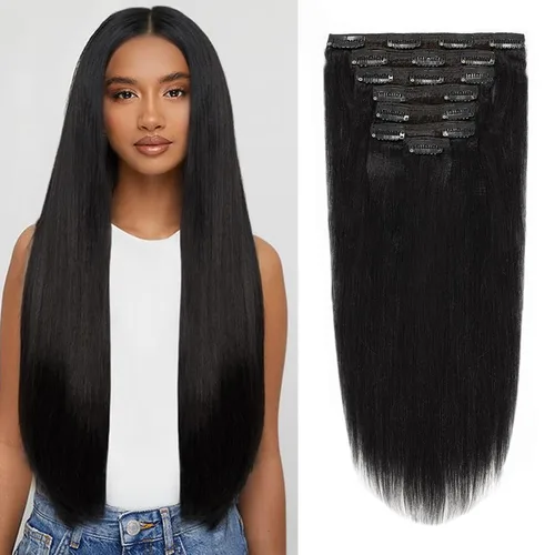 Miniatura 24 de Extensiones de cabello lacio italiano Yaki con clip, cabello humano Remy real, grado 8A, grueso, virgen, 4C, afroamericanos, cabeza completa