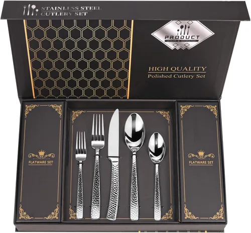 Miniatura 16 de Juego Retro Royal Negro de Cubiertos MIKIWAY con Caja de Regalo, 20 Piezas de Servicio de Cubiertos de Acero Inoxidable para 4, Juego de Vajilla