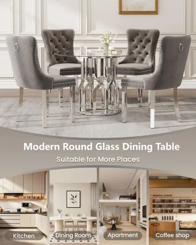 Miniatura 9 de 47.2" Round Glass Dining Table for 4-6, Round Glass Kitchen Table with Steel Legs, Modern Dining Table for Dining Room, Kitchen, Home, Cafe