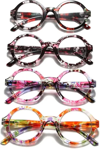 Paquete de 4 lentes de lectura redondos de gran tamaño con filtro de luz azul/antirreflejos para mujeres, bisagras de resorte, lectores florales